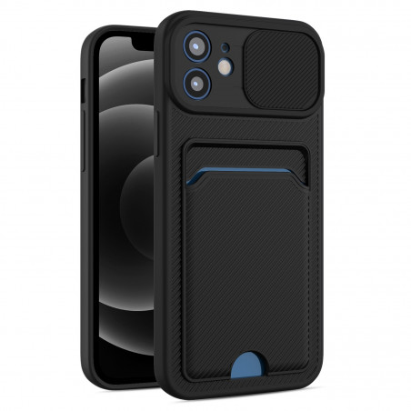 Coque avec Câche Caméra Coulissant et Porte carte iPhone 11 Pro Max - Noir