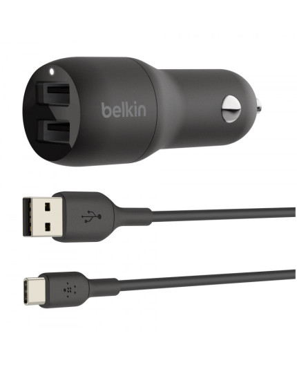 Belkin Chargeur voiture Boost Charge avec 2 ports USB-A (24 W) + Câble USB-C (1 M) - Noir