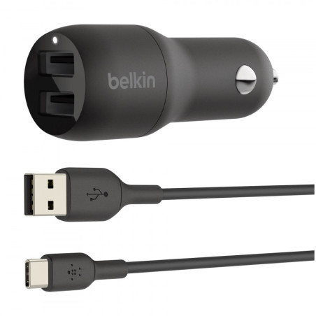Belkin Chargeur voiture Boost Charge avec 2 ports USB-A (24 W) + Câble USB-C (1 M) - Noir