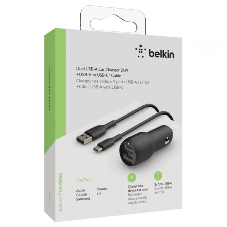 Belkin Chargeur voiture Boost Charge avec 2 ports USB-A (24 W) + Câble USB-C (1 M) - Noir