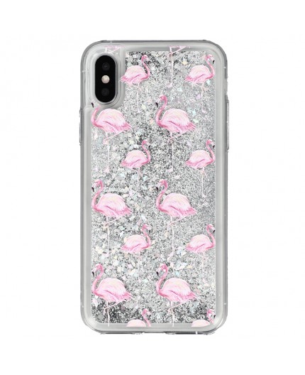 Coque liquide Paillettes Flaments Roses iPhone X et XS - Argent