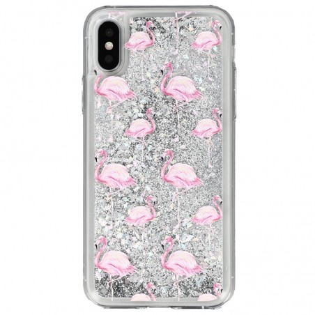 Coque liquide Paillettes Flaments Roses iPhone X et XS - Argent