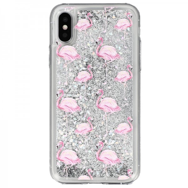 Coque liquide Paillettes Flaments Roses iPhone X et XS - Argent