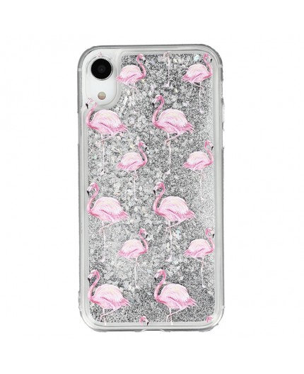 Coque liquide Paillettes Flaments Roses iPhone XR - Argent