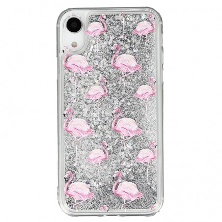 Coque liquide Paillettes Flaments Roses iPhone XR - Argent