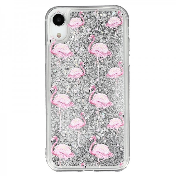 Coque liquide Paillettes Flaments Roses iPhone XR - Argent