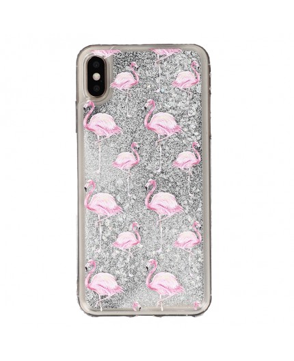 Coque liquide Paillettes Flaments Roses iPhone XS Max - Argent