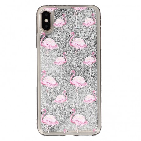 Coque liquide Paillettes Flaments Roses iPhone XS Max - Argent