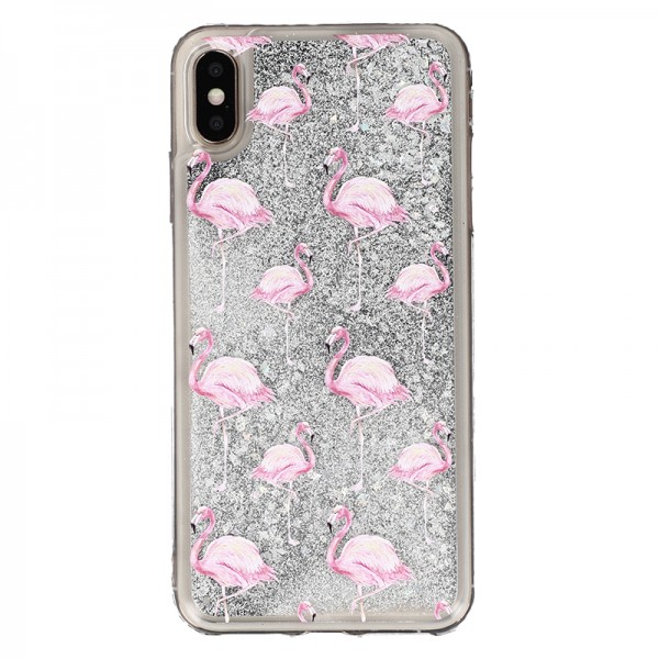 Coque liquide Paillettes Flaments Roses iPhone XS Max - Argent