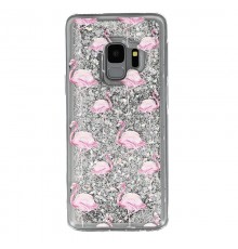 Coque liquide Paillettes Flaments Roses Samsung Galaxy S9 - Argent
