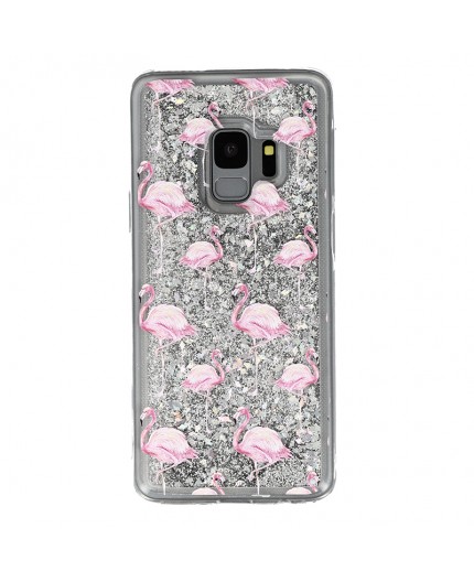 Coque liquide Paillettes Flaments Roses Samsung Galaxy S9 - Argent