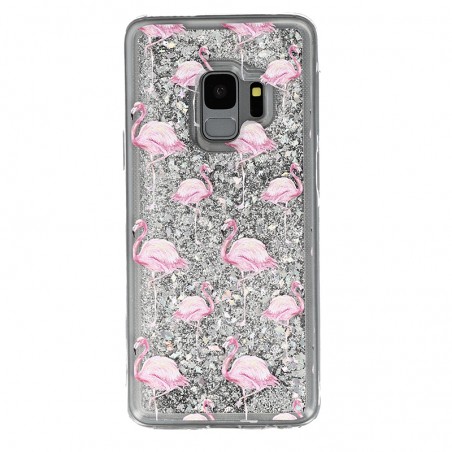 Coque liquide Paillettes Flaments Roses Samsung Galaxy S9 - Argent