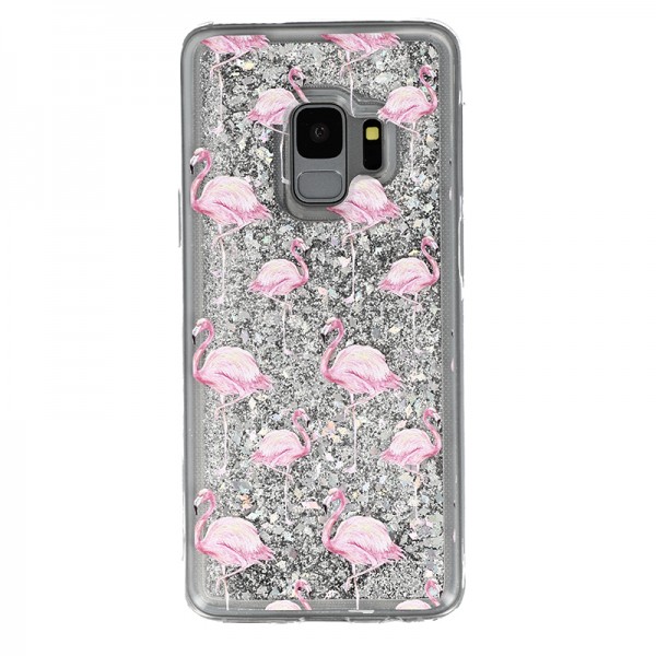 Coque liquide Paillettes Flaments Roses Samsung Galaxy S9 - Argent