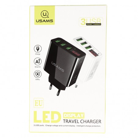 Prise Secteur 3 Ports USB (Charge Rapide) Usams - Noir